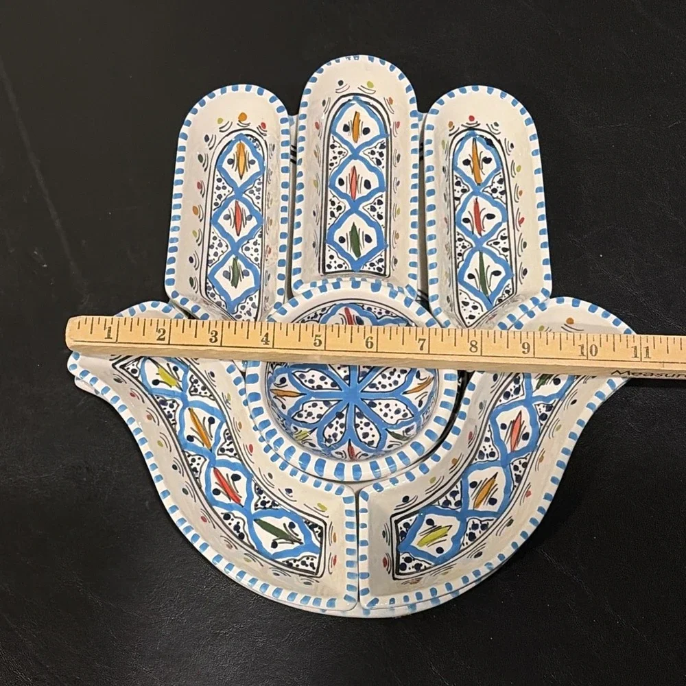 Kamsah Dipping‎ and Serving Set Turquoise Large Ceramic Hamsa Theme